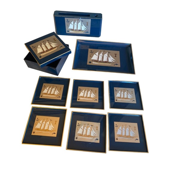 Otagiri Other - Otagiri‎ Blue Plastic Desk Set Clipper Sailing Ship Coasters Tray Set